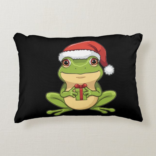Cute Christmas Frog with Santa Hat Holding  Gift - Prydnadskudde (Framsidan)