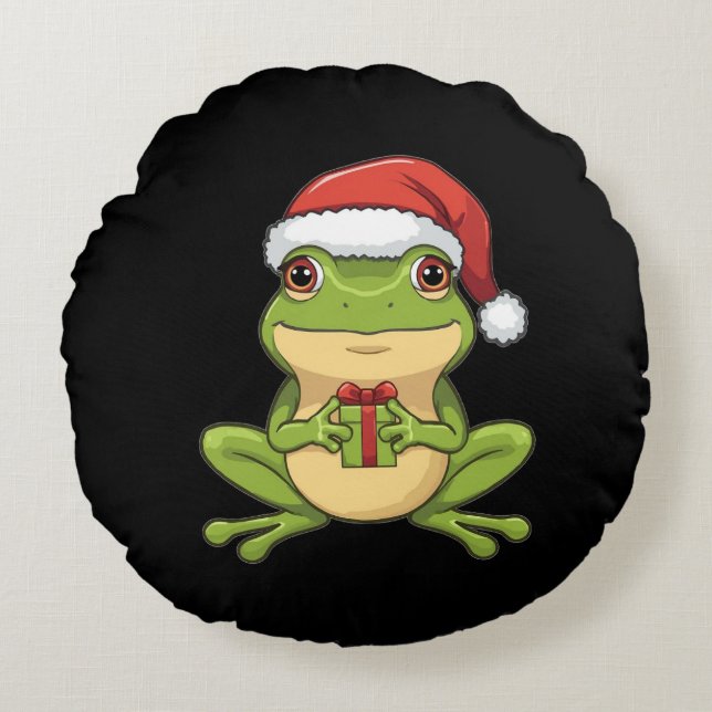 Cute Christmas Frog with Santa Hat Holding  Gift - Rund Kudde (Framsidan)