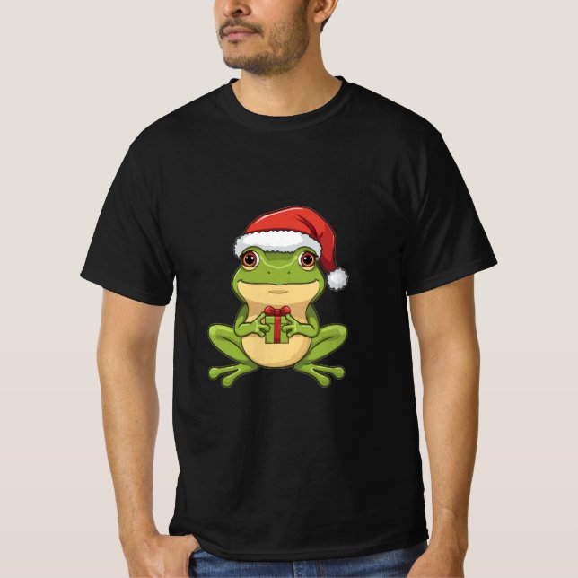Cute Christmas Frog with Santa Hat Holding  Gift - T Shirt (Framsida)