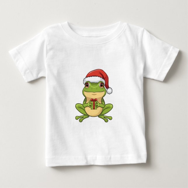 Cute Christmas Frog with Santa Hat Holding  Gift - T Shirt (Framsida)