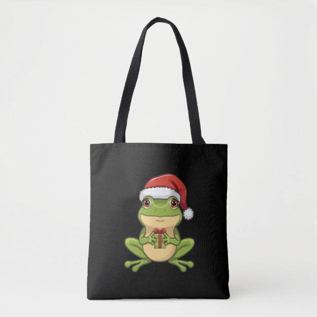 Cute Christmas Frog with Santa Hat Holding  Gift - Tygkasse (Framsida)