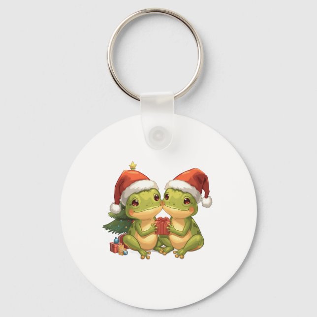 Cute Christmas Frogs Holding Gifts  Adorable Holid Nyckelring (Framsida)