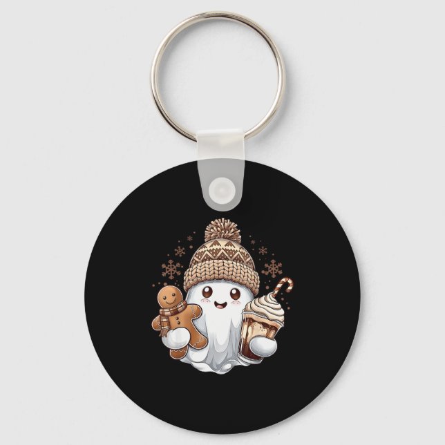 Cute Christmas Ghost Coffee Gingerbread Boojee Xma Nyckelring (Framsida)