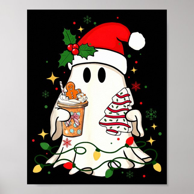 Cute Christmas Ghost Coffee Tree Cake Xmas Lights  Poster (Framsidan)