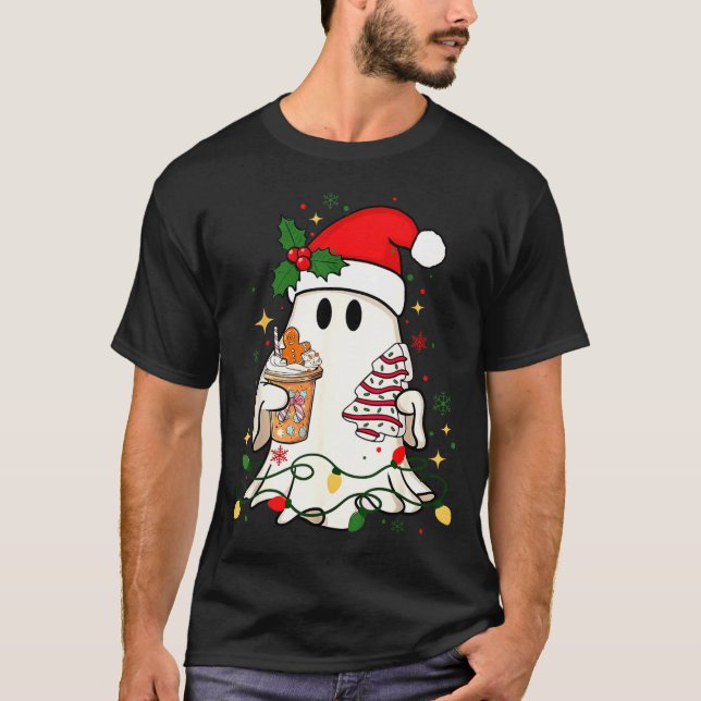 Cute Christmas Ghost Coffee Tree Cake Xmas Lights  T Shirt (Framsida)