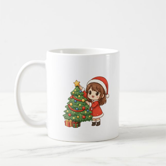 Cute Christmas Girl Decorating Tree Mug Kaffemugg (Vänster)