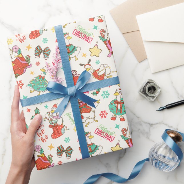 Cute Christmas Goose Illustration Pattern Ivory Presentpapper (Gifting)
