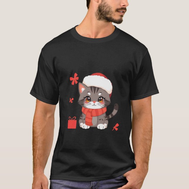 Cute Christmas Grey Cat Santa Hat Holiday Art ✨🐾 T Shirt (Framsida)