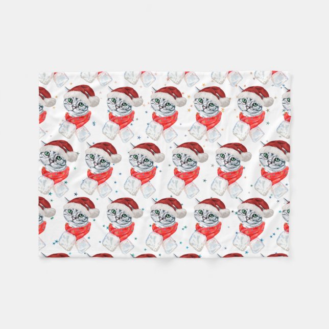 Cute Christmas Grey Tabby Cat Watercolor Fleecefilt (Framsidan (Horisontell))