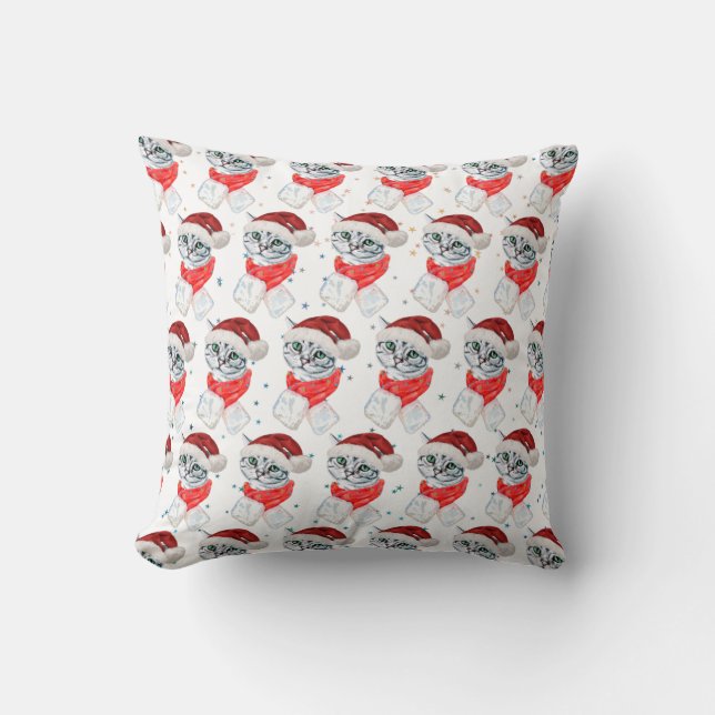 Cute Christmas Grey Tabby Cat Watercolor Kudde (Framsida)