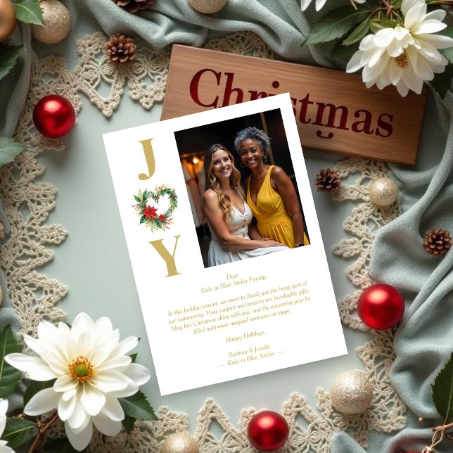 Cute Christmas Heart Floral Wreath Gold Business Julkort (Cute Christmas Heart Floral Wreath Gold Business Business Holidays Cards with Photo.)