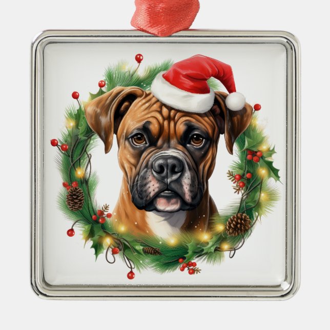 CUTE CHRISTMAS HELGDAG BOXER HUND & WREATH JULGRANSPRYDNAD METALL (Framsidan)