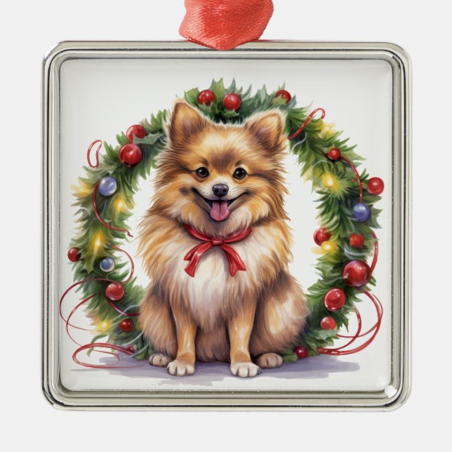 CUTE CHRISTMAS HELGDAG POMERANIAN HUND & WREATH JULGRANSPRYDNAD METALL (Framsidan)