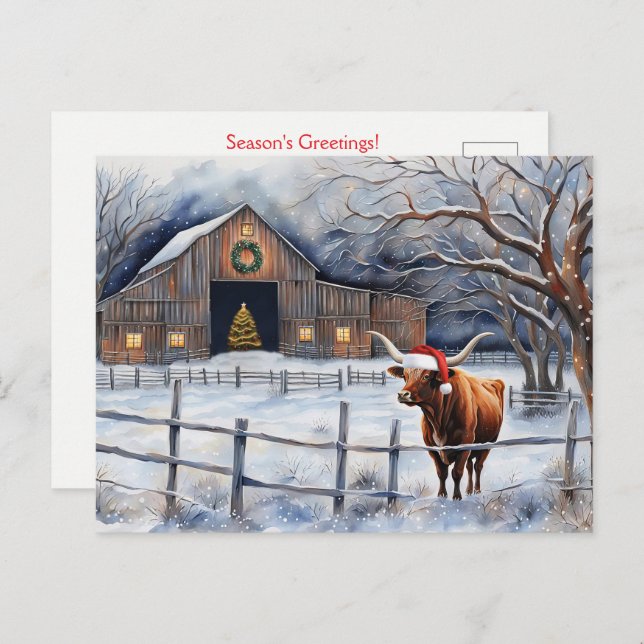 Cute Christmas Holiday Cow and Barn Country Vykort (Fram/baksida)