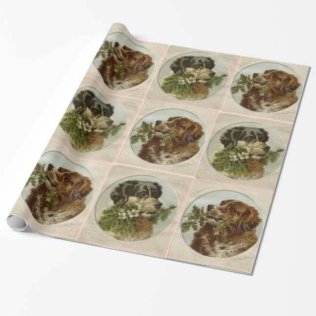 CUTE CHRISTMAS HUNDAR,HOLLYBERRIES,WINTER FLOWERS PRESENTPAPPER (Utrullad)