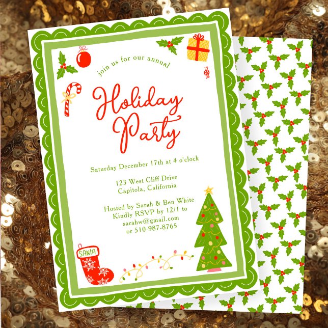 Cute Christmas Icons Scallop CUSTOM Holiday Party Inbjudningar (Cute Christmas Icons Scalloped Edges Whimsical  CUSTOM Holiday Party Invitation
)