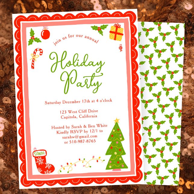Cute Christmas Icons Scallop CUSTOM Holiday Party Inbjudningar (Cute Christmas Icons Scalloped Edges Whimsical CUSTOM Holiday Party Invitation
)