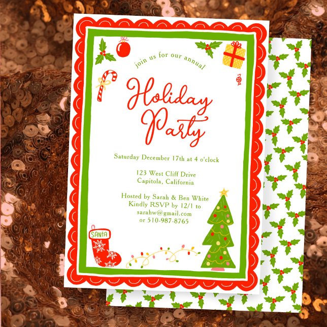 Cute Christmas Icons Scallop CUSTOM Holiday Party Inbjudningar (Cute Christmas Icons Scalloped Edge CUSTOM Holiday Party Invitation
)