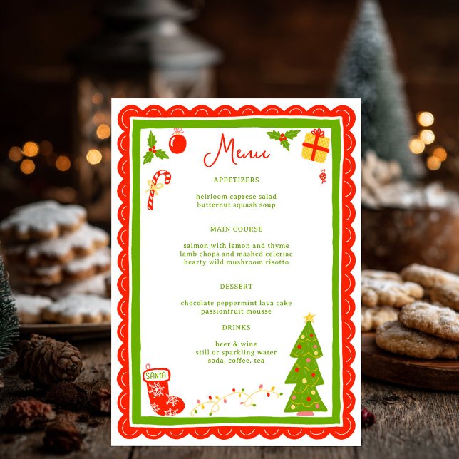 Cute Christmas Icons Scallop CUSTOM Holiday Party Meny (Cute Christmas Icons Scalloped CUSTOM Holiday Dinner Party Menu
)