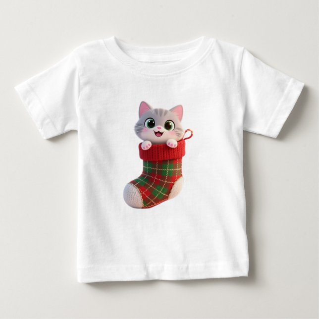 Cute Christmas Kitten in Stocking Baby T-Shirt (Framsida)