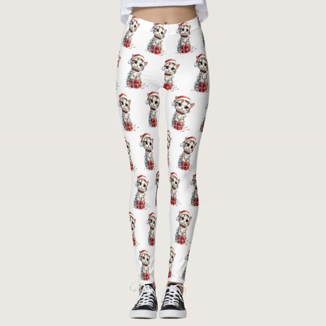 Cute Christmas Kitten on Gift Box Leggings (Framsida)