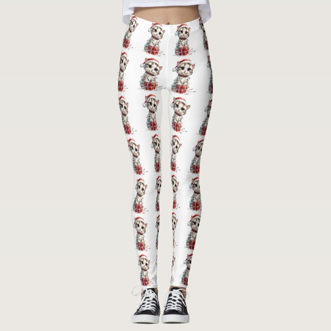 Cute Christmas Kitten on Gift Box Leggings (Framsida)