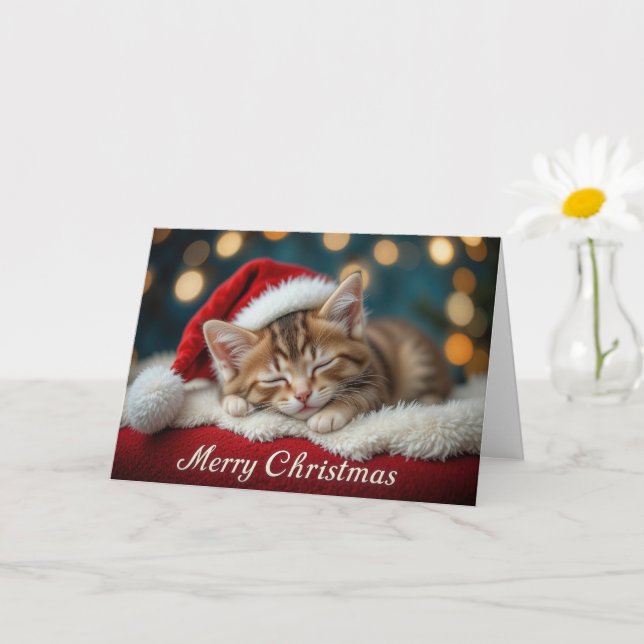Cute Christmas Kitten on Red Festive Santa Hat  Kort (Liten växt)