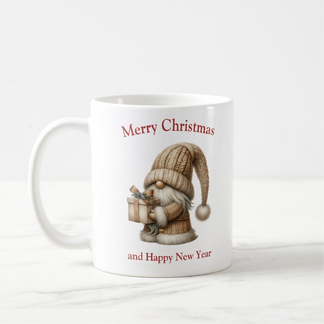 Cute Christmas knitted ivory gnome with present Kaffemugg (Vänster)