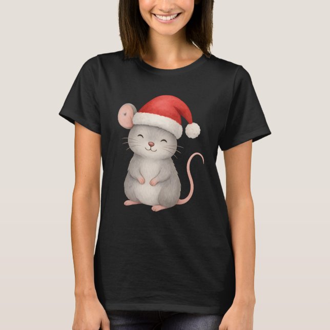 Cute Christmas Mouse in Santa Hat T Shirt (Framsida)