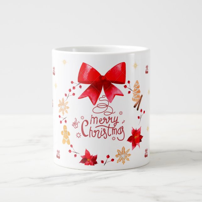 “Cute Christmas Mug with Red Bow Wreath" Jumbo Mugg (Framsidan)