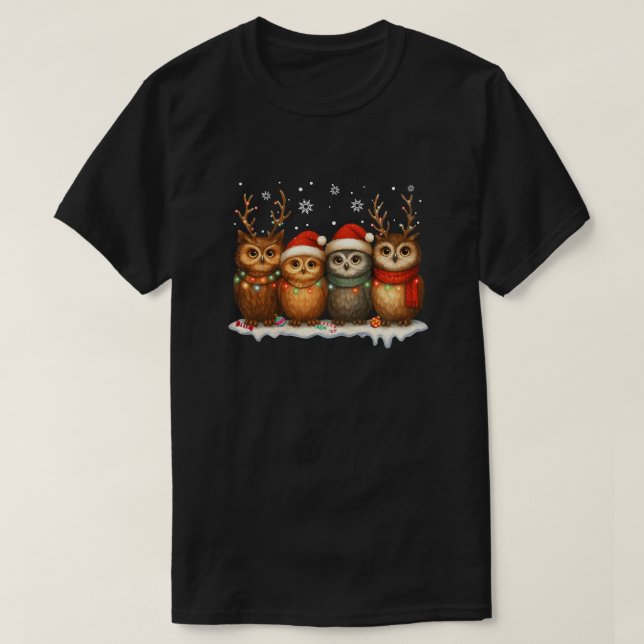 Cute Christmas Owls with Santa Hats & Reindeer  T Shirt (Design framsida)