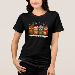 Cute Christmas Owls with Santa Hats & Reindeer  T Shirt