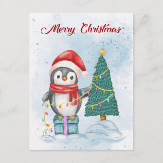 Cute Christmas Penguin Decorating Tree with Lights Helg Vykort