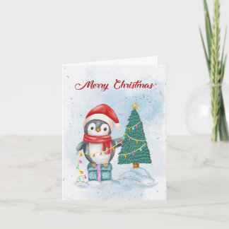 Cute Christmas Penguin Decorating Tree with Lights Helgkort