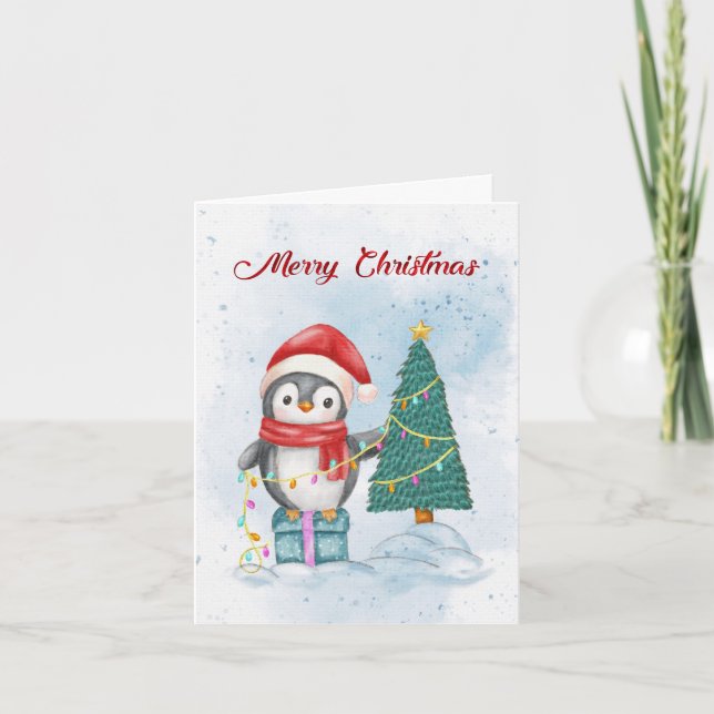 Cute Christmas Penguin Decorating Tree with Lights Helgkort (Framsida)