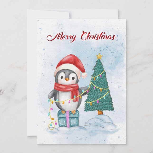Cute Christmas Penguin Decorating Tree with Lights Julkort (Framsida)