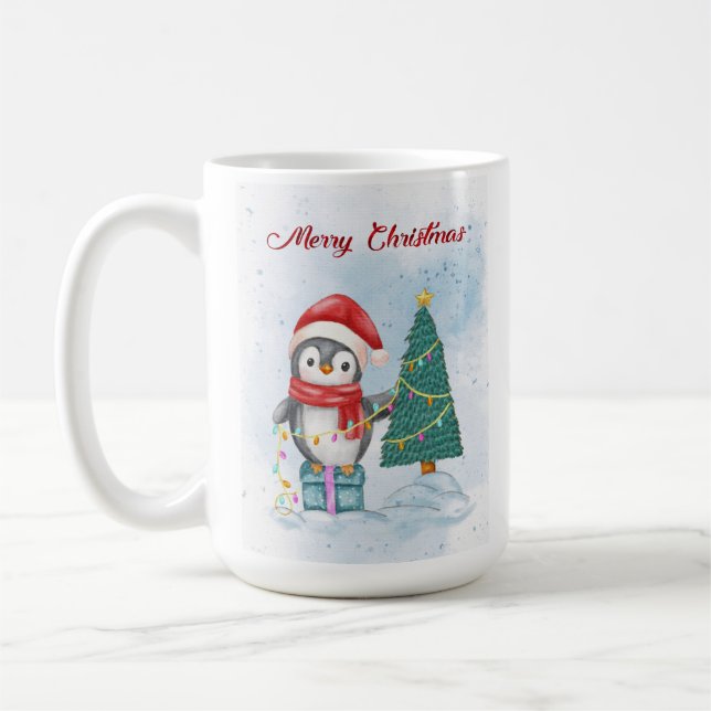 Cute Christmas Penguin Decorating Tree with Lights Kaffemugg (Vänster)