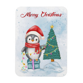 Cute Christmas Penguin Decorating Tree with Lights Magnet