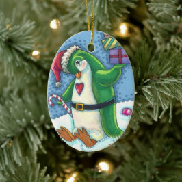 CUTE CHRISTMAS PENGUIN I GRÖNT, HELGDAG JULGRANSPRYDNAD KERAMIK