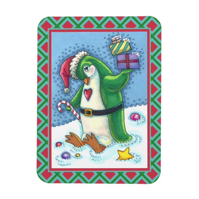 CUTE CHRISTMAS PENGUIN I GRÖNT, HELGDAG MAGNET (Vertikal)