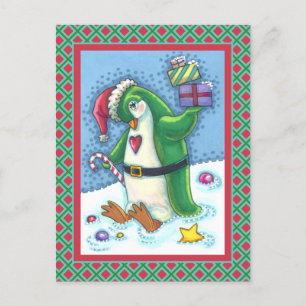 CUTE CHRISTMAS PENGUIN I GRÖNT, HELGDAG VYKORT