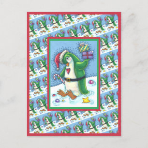 CUTE CHRISTMAS PENGUIN I GRÖNT, HELGDAG VYKORT