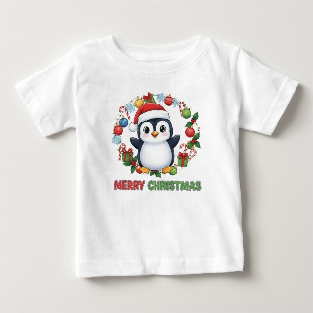 Cute Christmas Penguin Illustration T Shirt (Framsida)