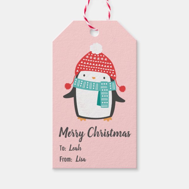 Cute christmas penguin på ljus rosa presentetikett (Framsidan)