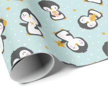 Cute christmas Penguins on blue Wrapping Papper