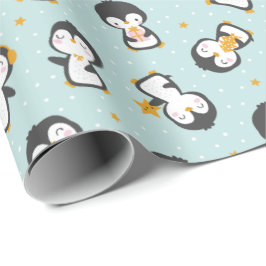 Cute christmas Penguins on blue Wrapping Papper Presentpapper