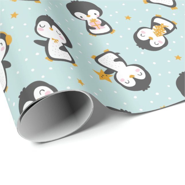 Cute christmas Penguins on blue Wrapping Papper Presentpapper (Rullad Hörn)