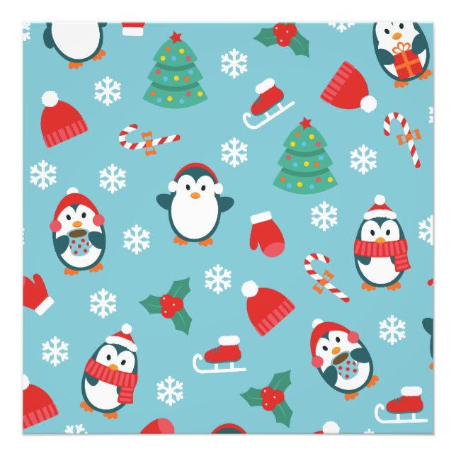 Cute Christmas Penguins Pattern Fototryck (Framsidan)