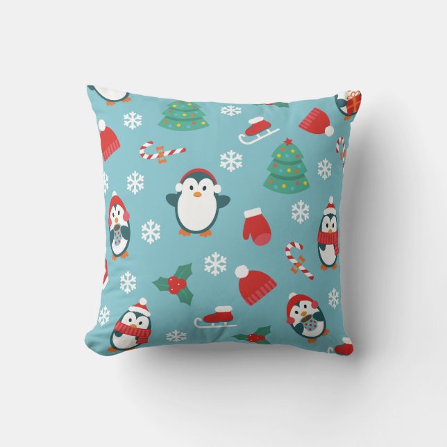 Cute Christmas Penguins Pattern Kudde (Framsida)