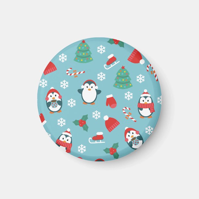 Cute Christmas Penguins Pattern Magnet (Framsidan)